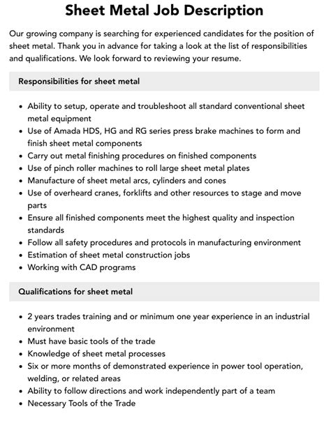 precision sheet metal job description|sheet metal construction jobs.